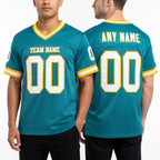 Custom Aqua White-Gold Mesh Authentic Throwback Football Jersey worn front and back