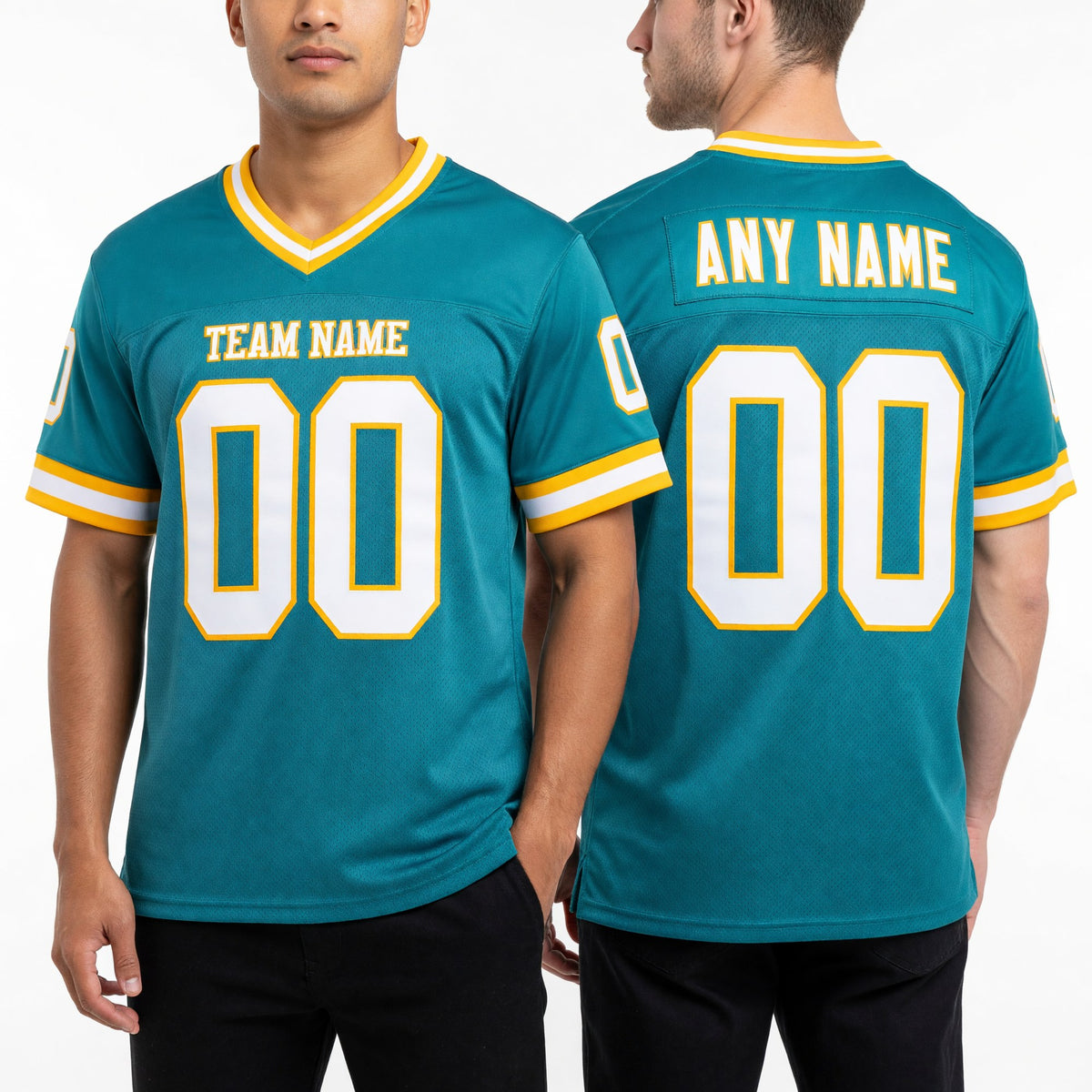 Custom Aqua White-Gold Mesh Authentic Throwback Football Jersey worn front and back