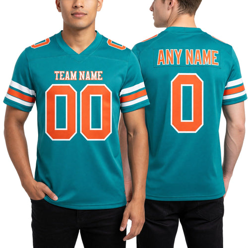 Custom Aqua Orange-White Authentic Football Jersey worn front and back
