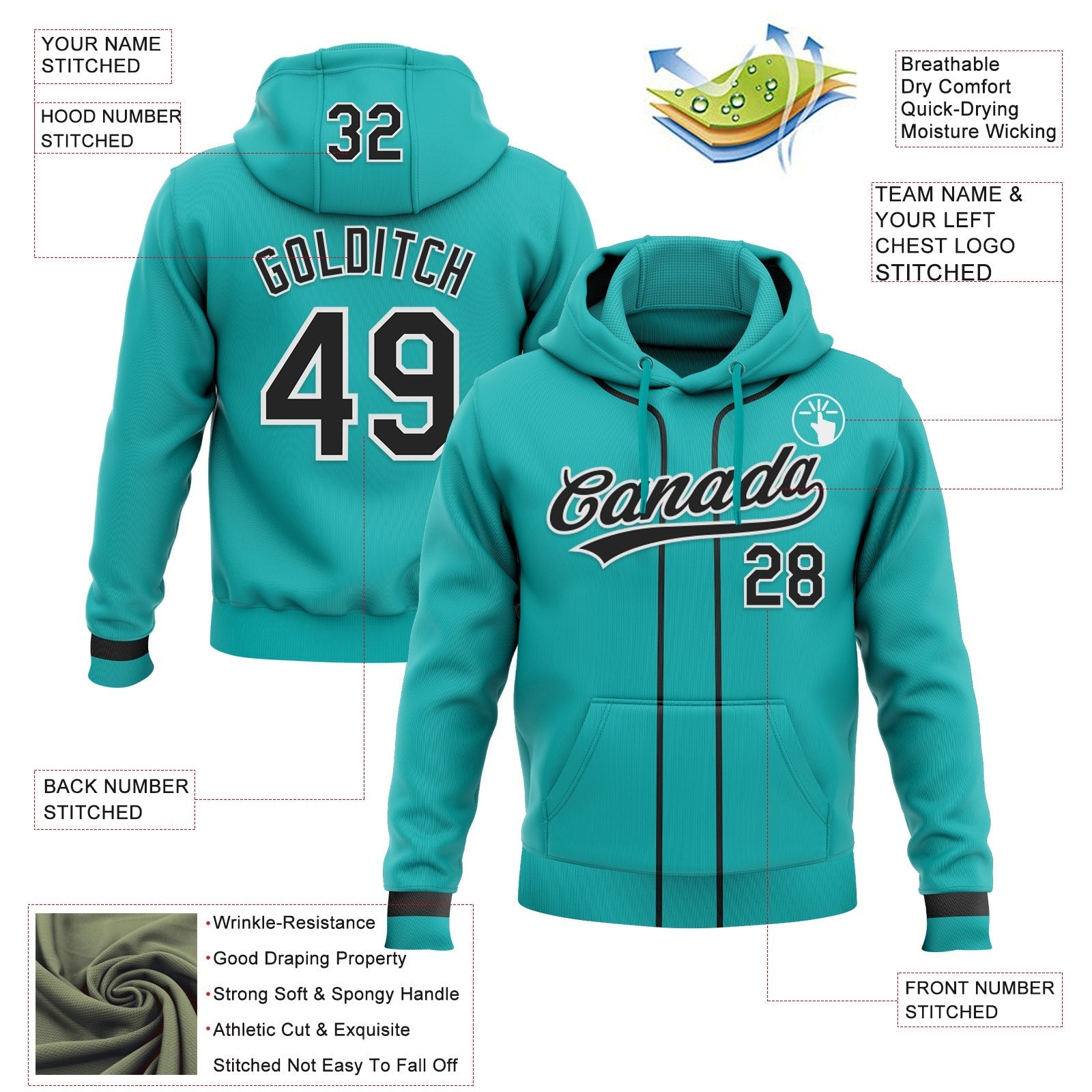 Custom Stitched Aqua Black-White Baseball Pullover Sweatshirt Hoodie photo 2