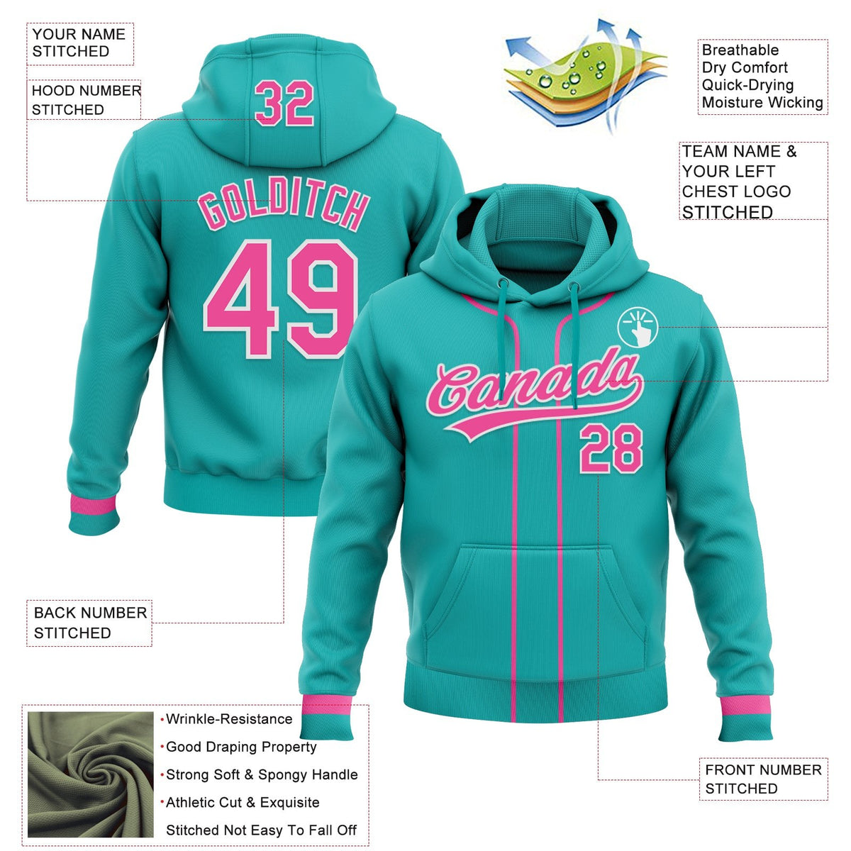 Custom Stitched Aqua Pink-White Baseball Pullover Sweatshirt Hoodie photo 2
