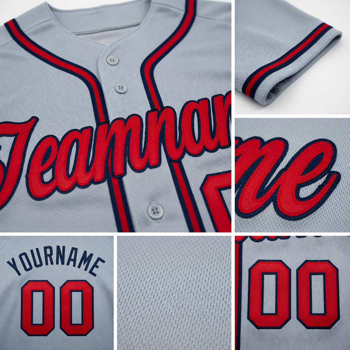 Custom Gray Red-Navy Baseball Jersey detail