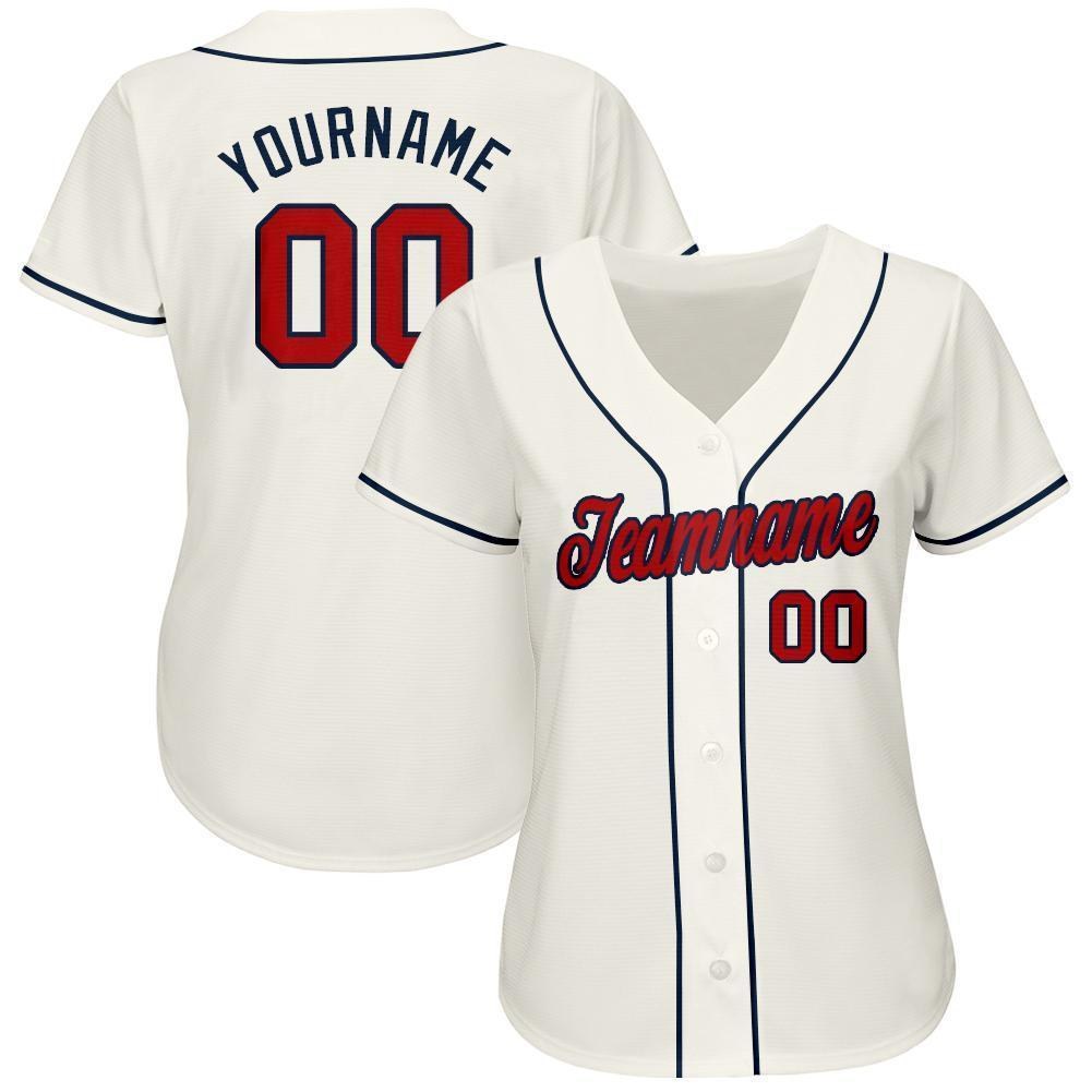 Custom Cream Red-Navy Baseball Jersey photo 2