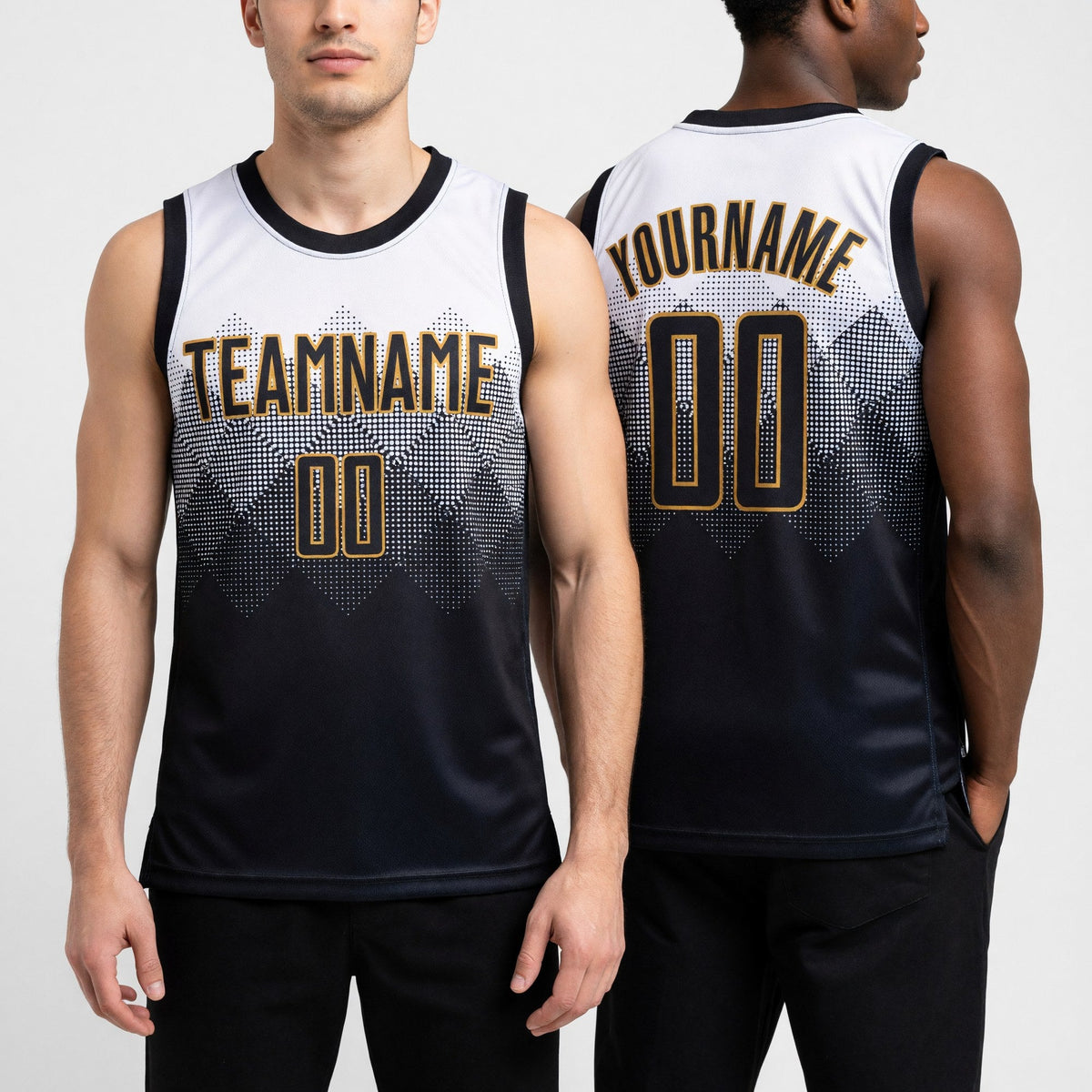 Custom White Black-Old Gold Round Neck Sublimation Basketball Uniform Jersey worn front and back