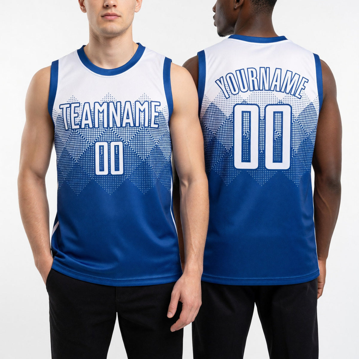 Custom Royal White Round Neck Sublimation Basketball Uniform Jersey worn front and back