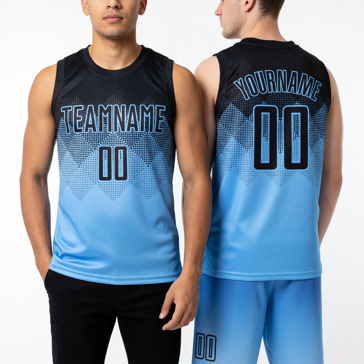 Custom Light Blue Black Round Neck Sublimation Basketball Uniform Jersey worn front and back