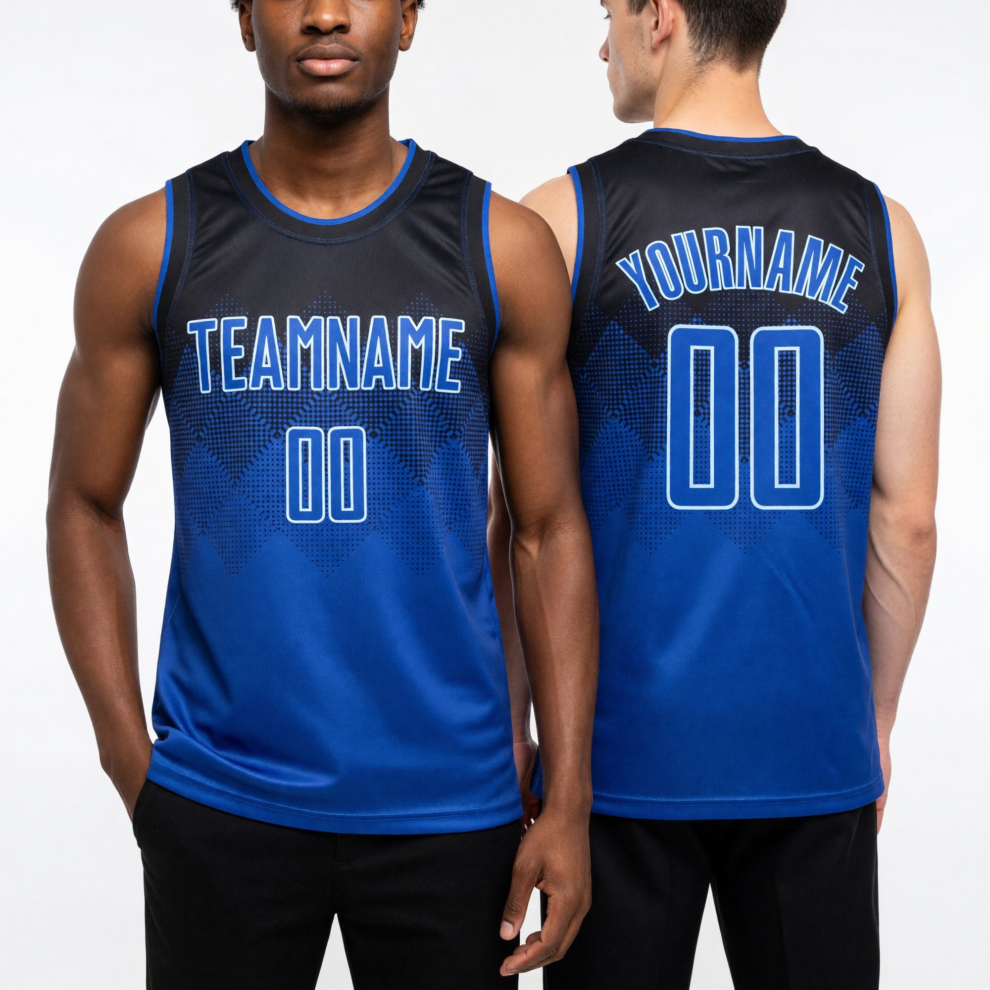 Custom Black Royal-Light Blue Round Neck Sublimation Basketball Uniform Jersey worn front and back