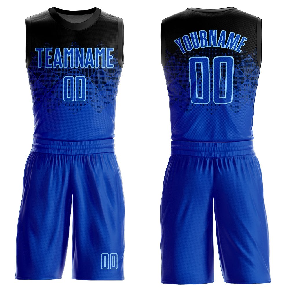 Custom Black Royal-Light Blue Round Neck Sublimation Basketball Uniform Jersey