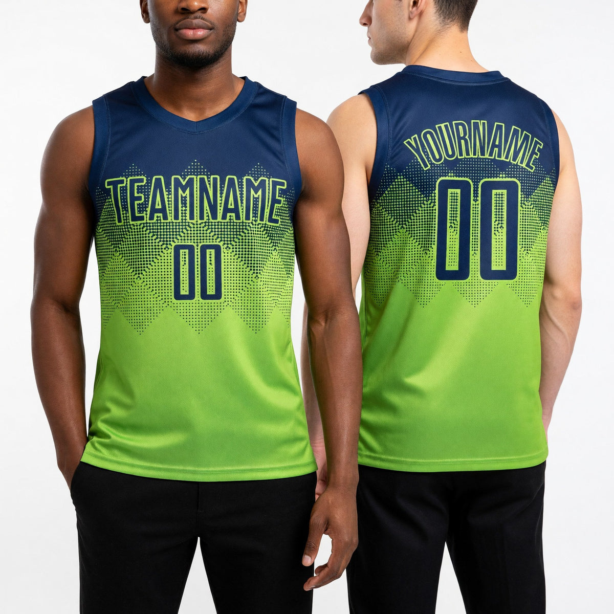 Custom Neon Green Navy Round Neck Sublimation Basketball Uniform Jersey worn front and back