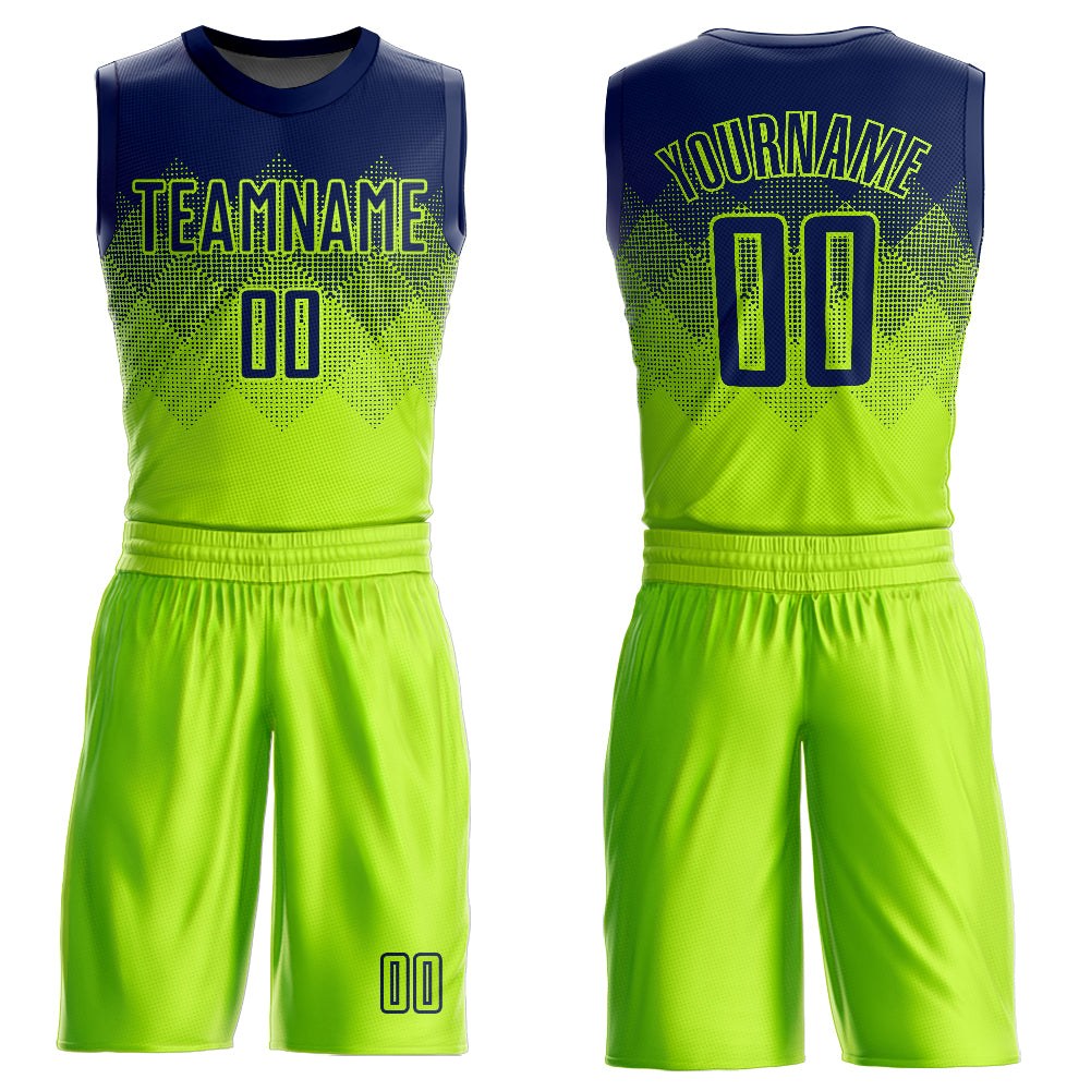 Custom Neon Green Navy Round Neck Sublimation Basketball Uniform Jersey