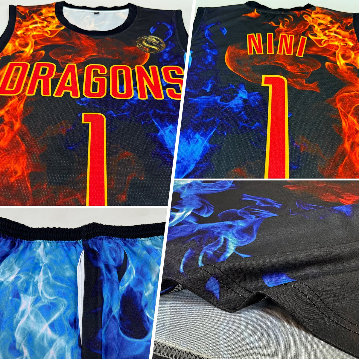 Custom Figure Red-Gold Flame Round Neck Sublimation Basketball Uniform Jersey photo 2