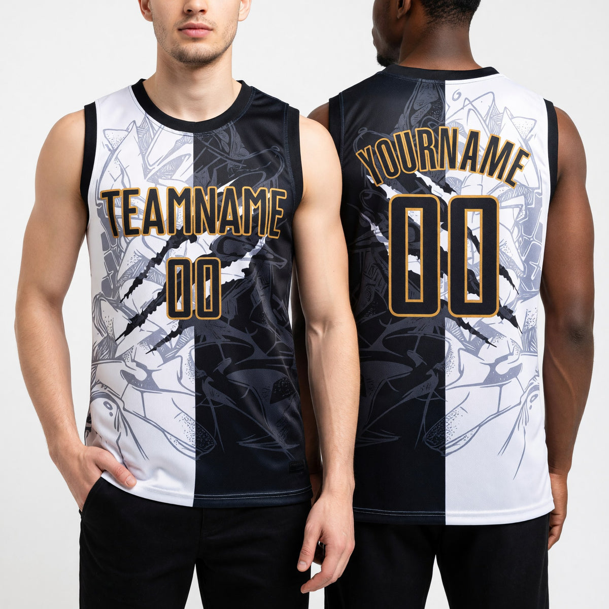 Custom Graffiti Pattern Black-Old Gold Scratch Round Neck Sublimation Basketball Uniform Jersey worn front and back