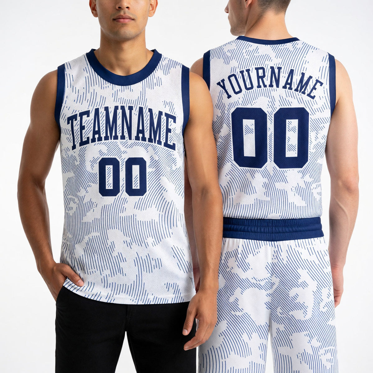 Custom White Navy Round Neck Sublimation Basketball Uniform Jersey worn front and back