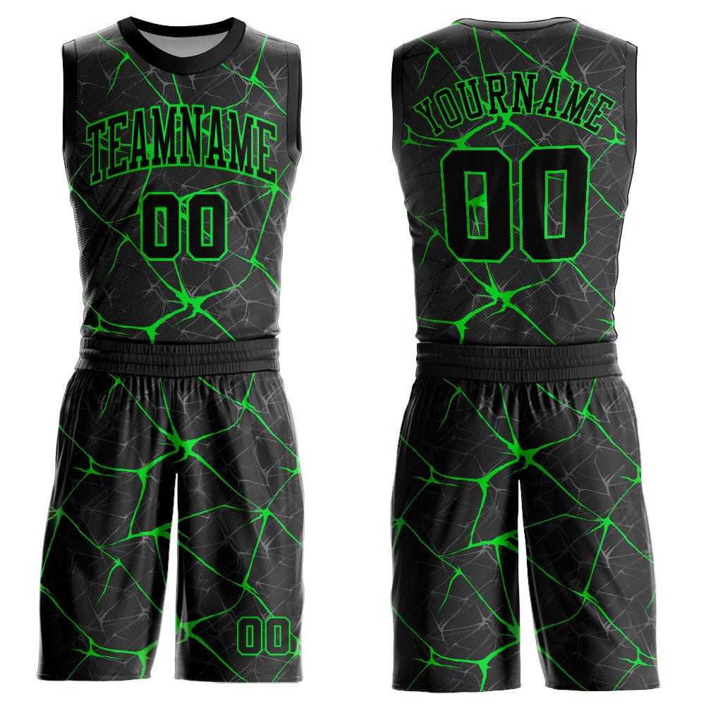 Custom Black Neon Green Round Neck Sublimation Basketball Uniform Jersey