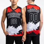 Custom Black Red-White Round Neck Sublimation Basketball Uniform Jersey worn front and back