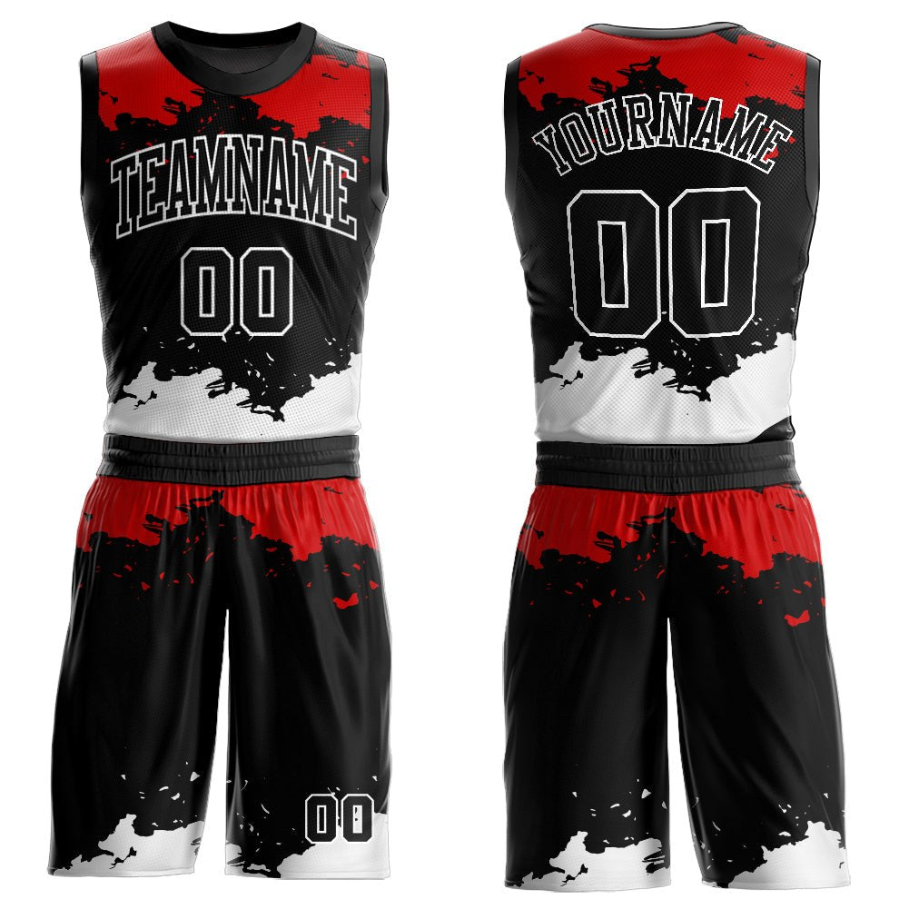 Custom Black Red-White Round Neck Sublimation Basketball Uniform Jersey