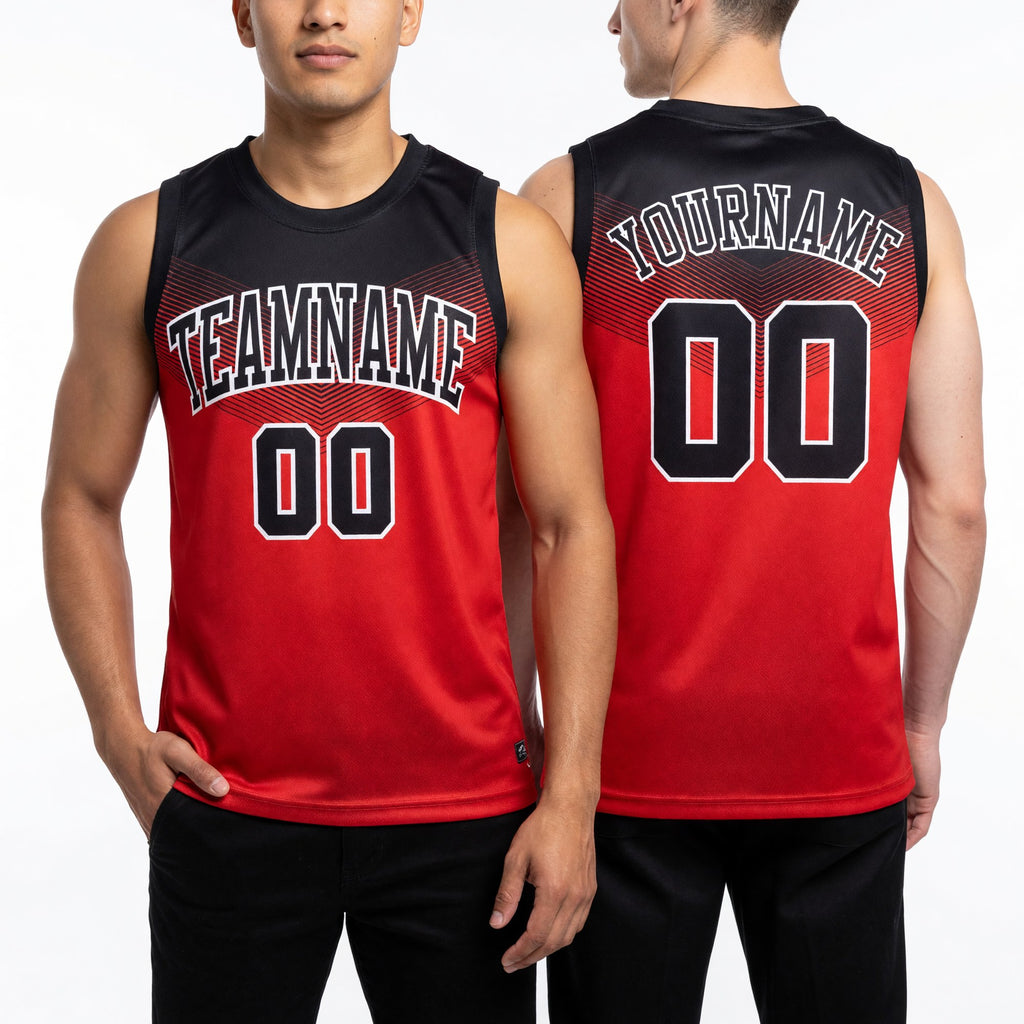 Custom Red Black-White Round Neck Sublimation Basketball Uniform Jersey worn front and back