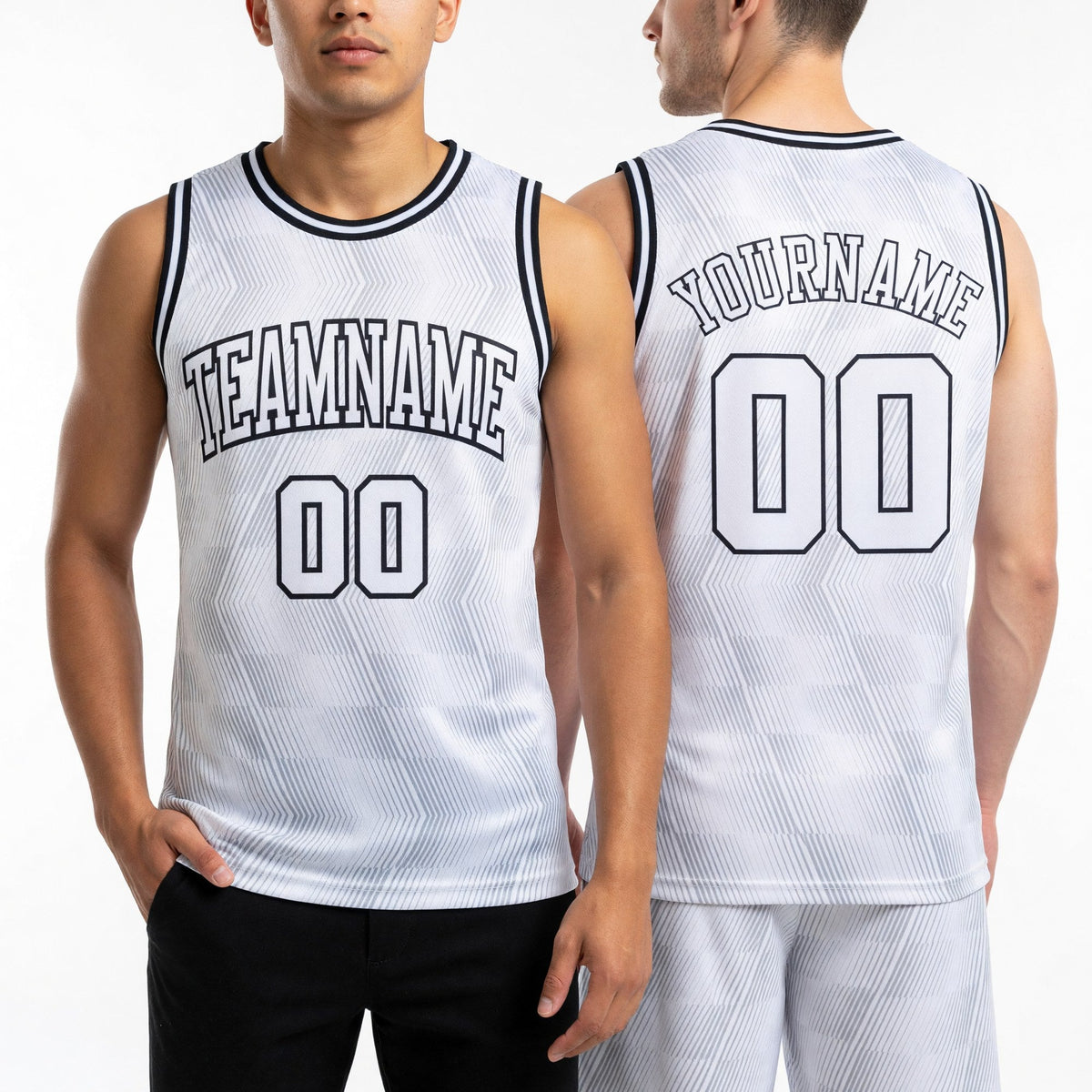 Custom Gray White-Black Round Neck Sublimation Basketball Uniform Jersey worn front and back