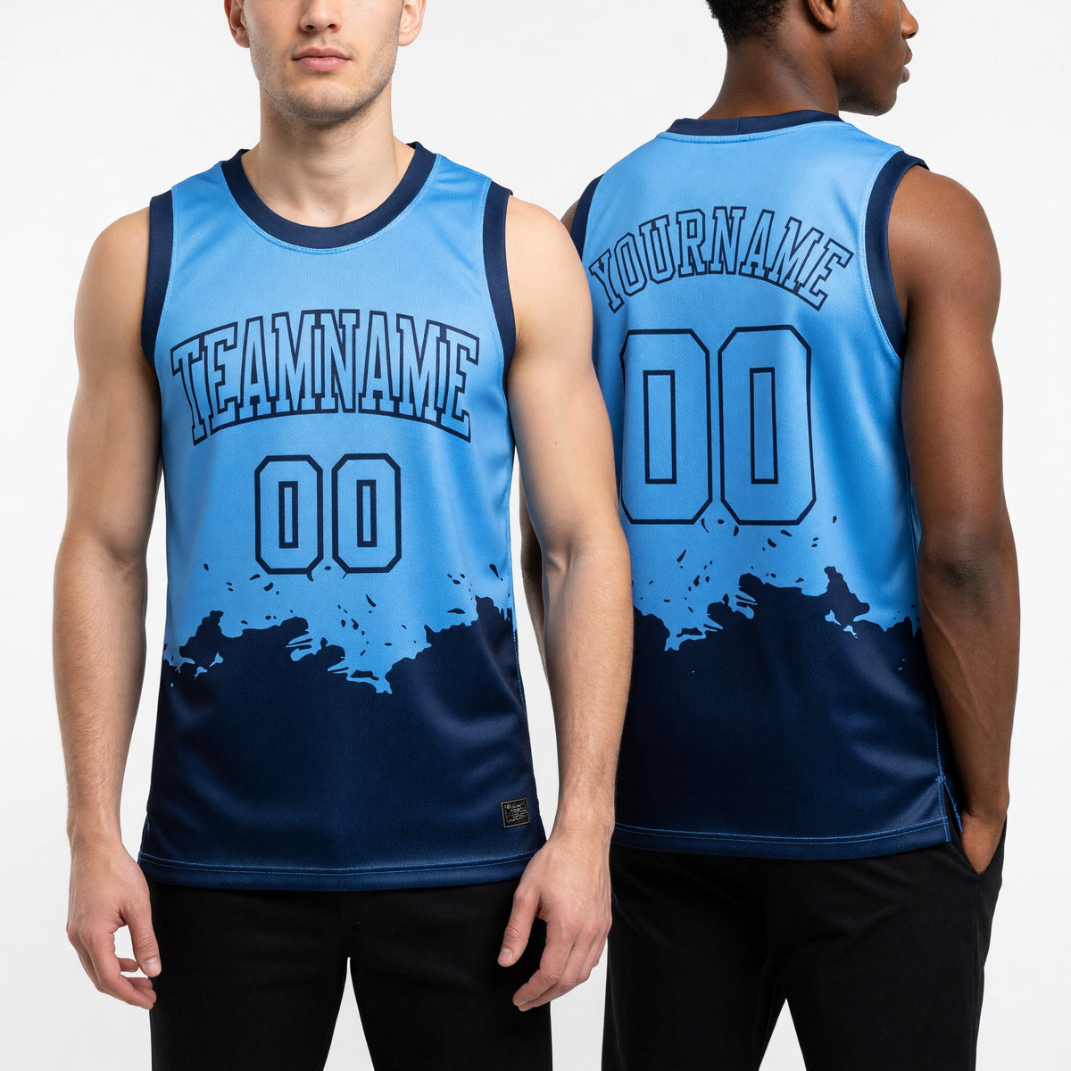 Custom Light Blue Navy Color Splash Round Neck Sublimation Basketball Uniform Jersey worn front and back