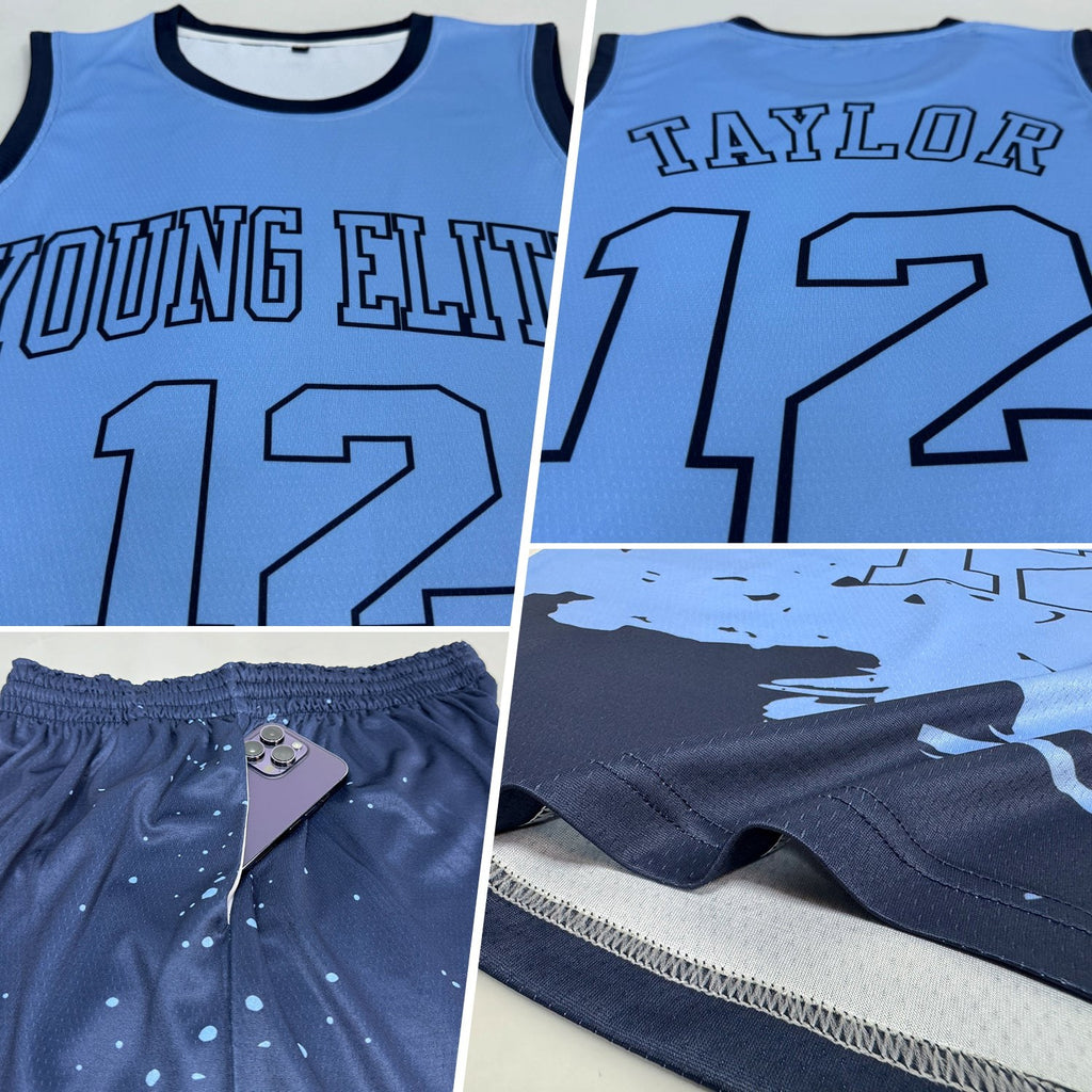 Custom Light Blue Navy Color Splash Round Neck Sublimation Basketball Uniform Jersey photo 2