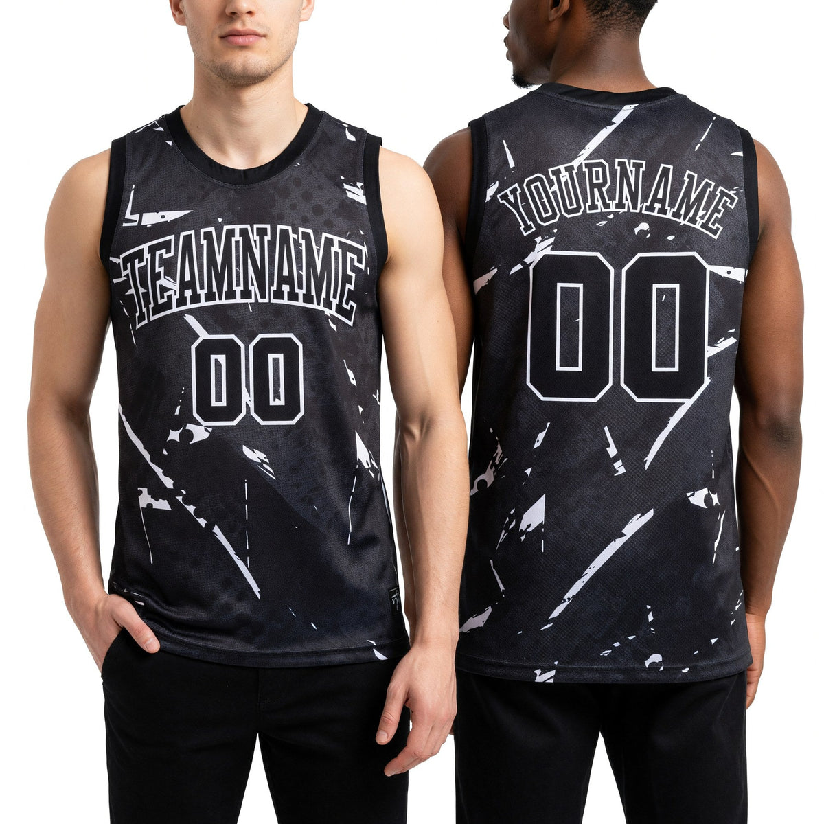 Custom Black White Bright Lines Round Neck Sublimation Basketball Uniform Jersey worn front and back