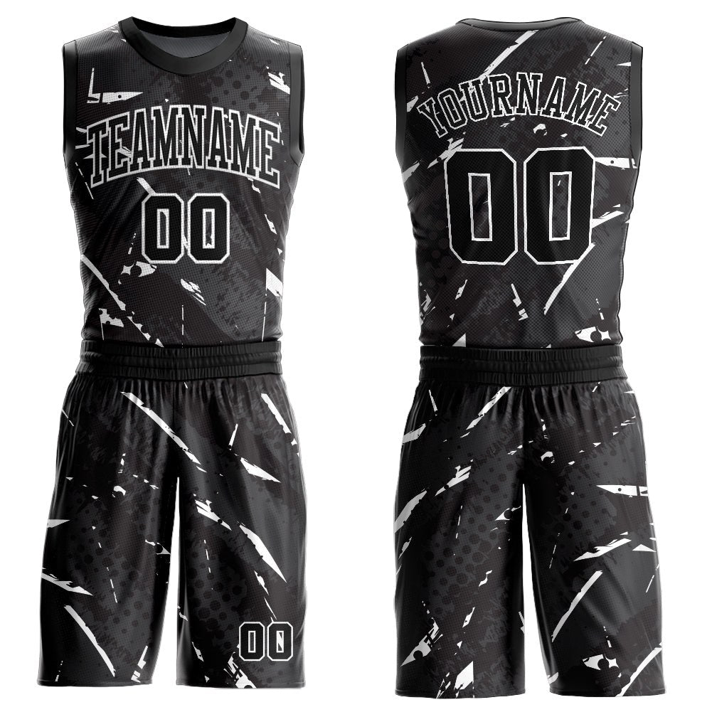 Custom Black White Bright Lines Round Neck Sublimation Basketball Uniform Jersey
