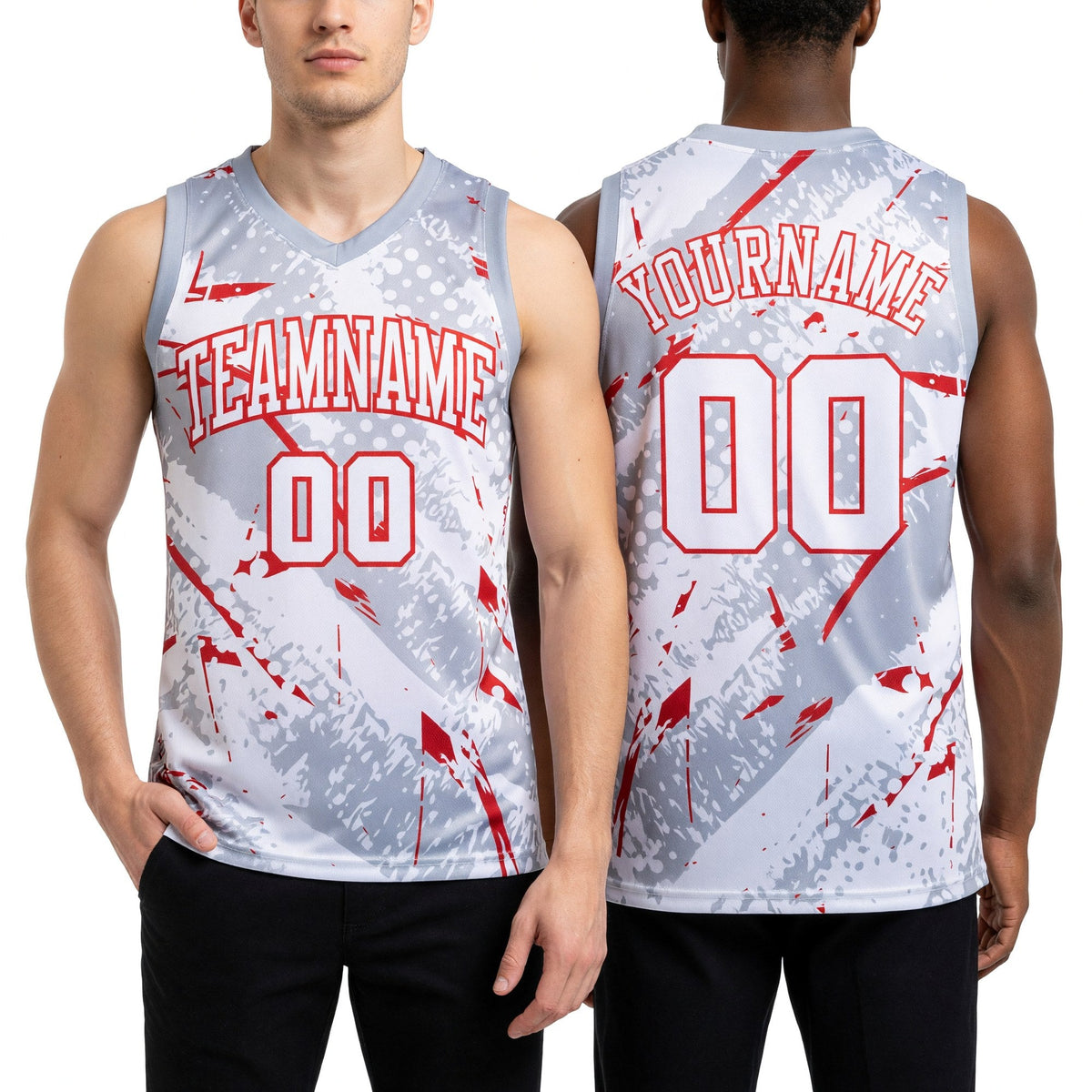 Custom White Red Bright Lines Round Neck Sublimation Basketball Uniform Jersey worn front and back