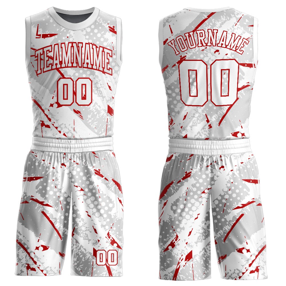 Custom White Red Bright Lines Round Neck Sublimation Basketball Uniform Jersey