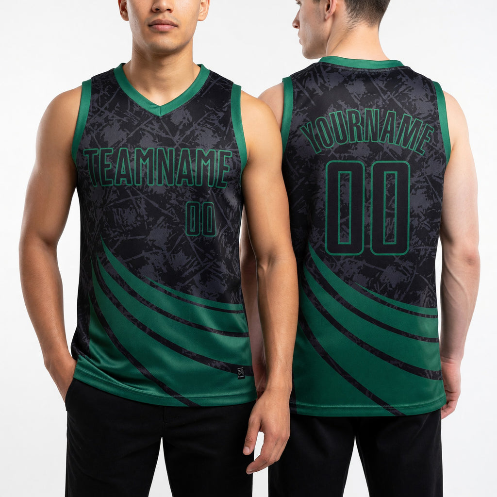 Custom Black Kelly Green Wind Shapes Round Neck Sublimation Basketball Uniform Jersey worn front and back