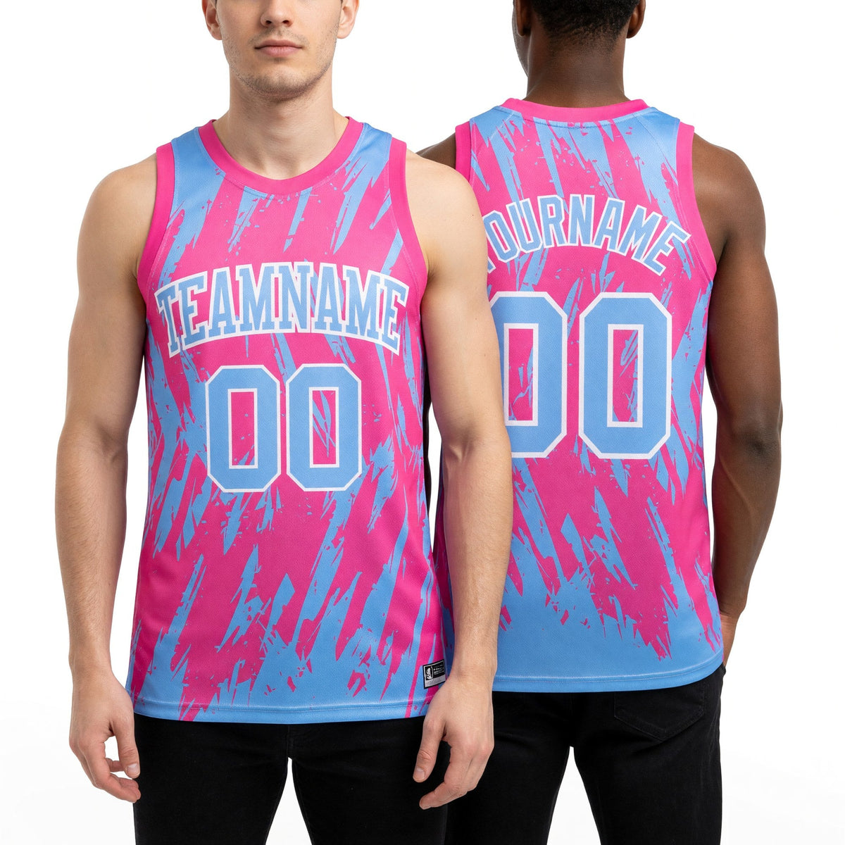 Custom Pink Light Blue-White Abstract Sharp Shape Fragment Art Round Neck Sublimation Basketball Set Jersey worn front and back