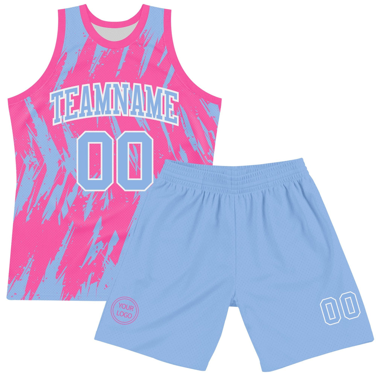 Custom Pink Light Blue-White Abstract Sharp Shape Fragment Art Round Neck Sublimation Basketball Set Jersey photo 2