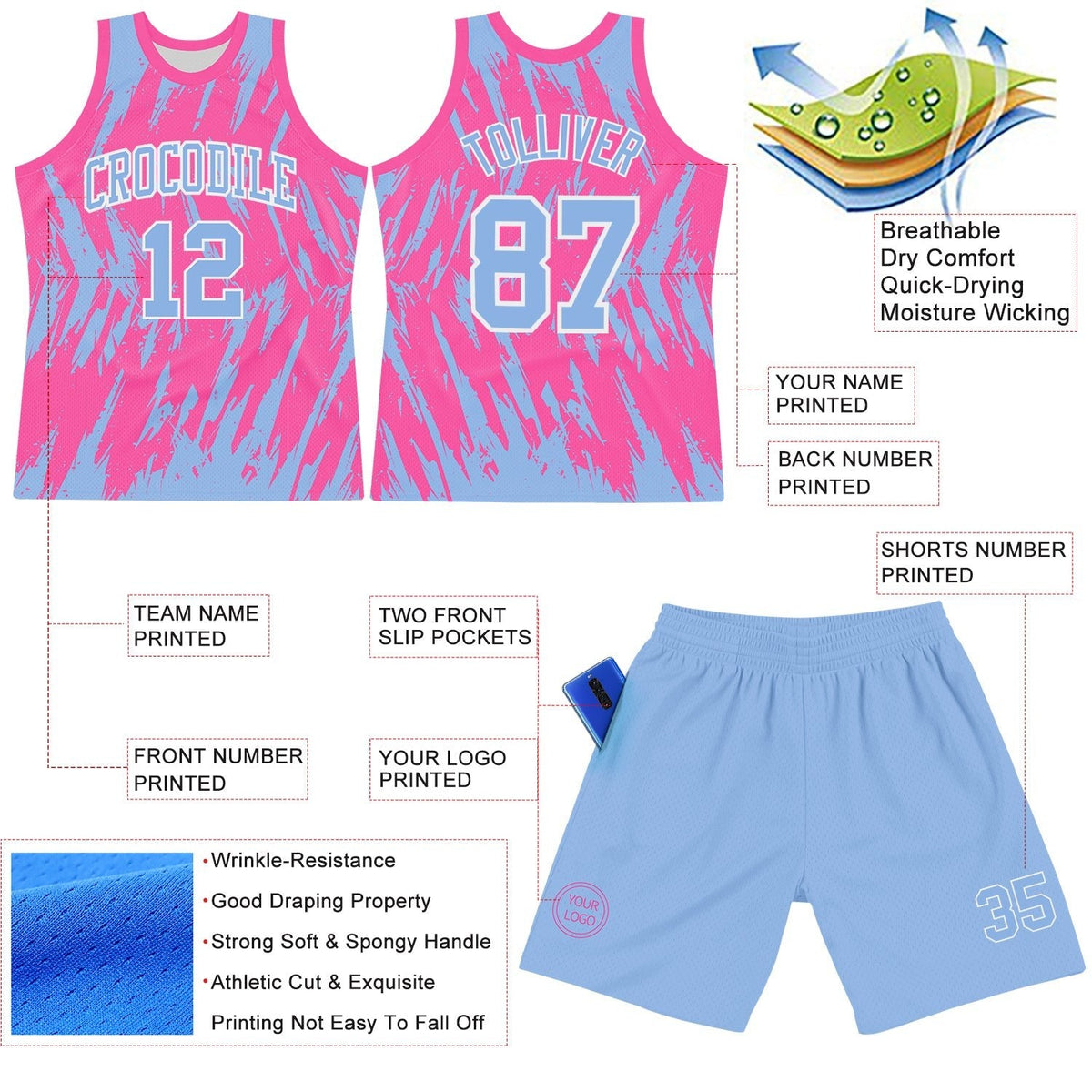 Custom Pink Light Blue-White Abstract Sharp Shape Fragment Art Round Neck Sublimation Basketball Set Jersey photo 3