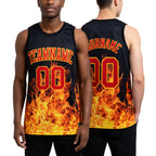 Custom Black Red-Yellow Flame Round Neck Sublimation Basketball Set Jersey worn front and back