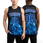 Custom Black Royal-Light Blue Flame Round Neck Sublimation Basketball Set Jersey worn front and back