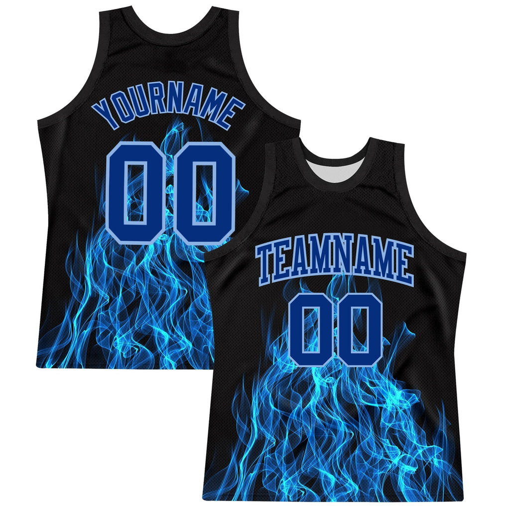 Custom Black Royal-Light Blue Flame Round Neck Sublimation Basketball Set Jersey