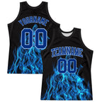 Custom Black Royal-Light Blue Flame Round Neck Sublimation Basketball Set Jersey