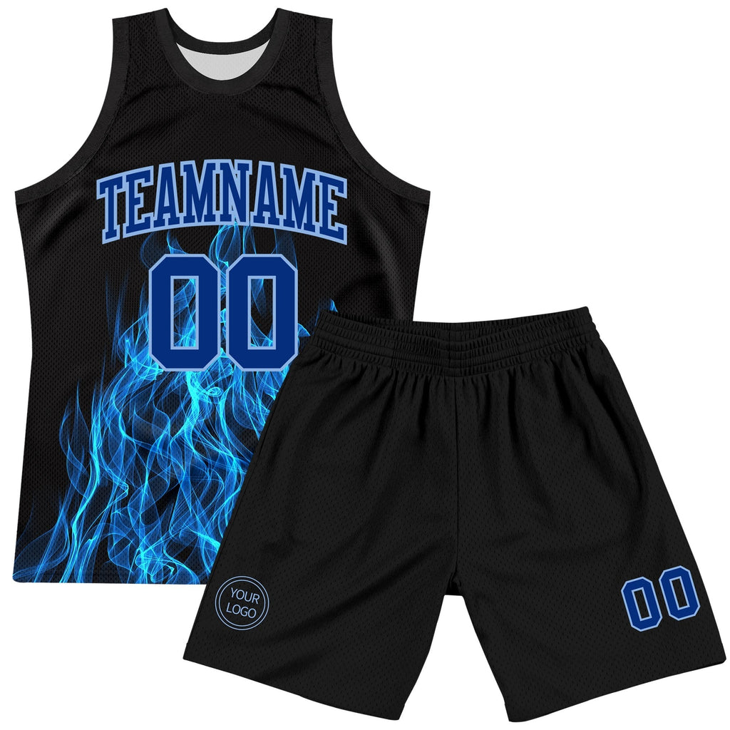 Custom Black Royal-Light Blue Flame Round Neck Sublimation Basketball Set Jersey photo 2