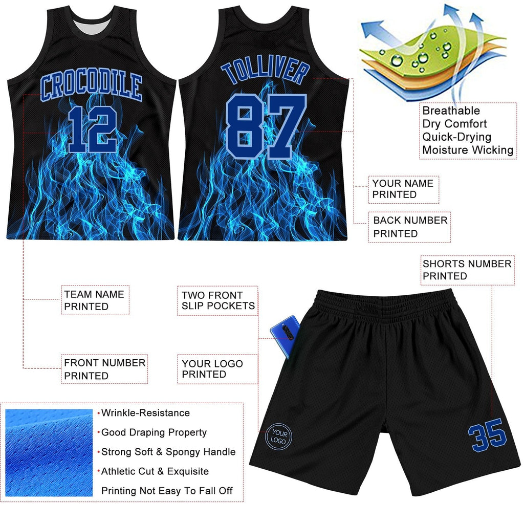 Custom Black Royal-Light Blue Flame Round Neck Sublimation Basketball Set Jersey photo 3