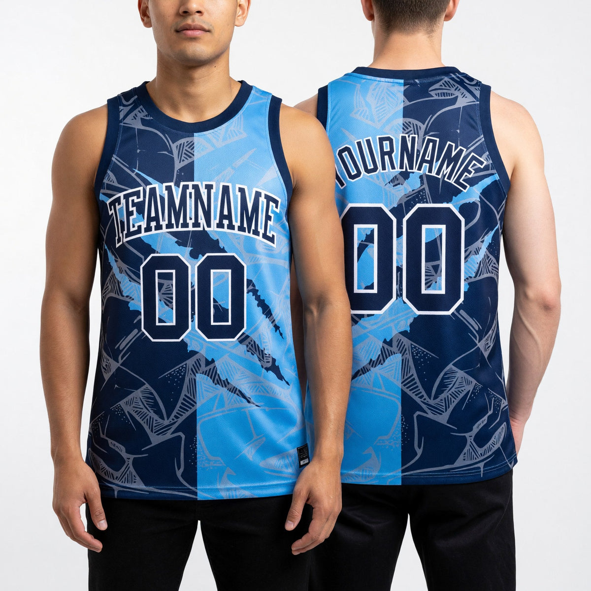 Custom Graffiti Pattern Navy Light Blue-White Scratch Round Neck Sublimation Basketball Set Jersey worn front and back