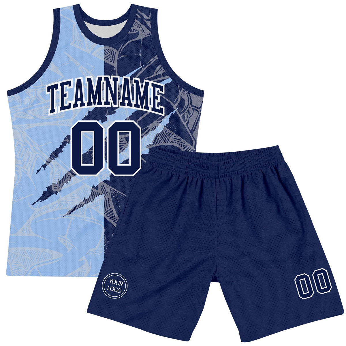 Custom Graffiti Pattern Navy Light Blue-White Scratch Round Neck Sublimation Basketball Set Jersey photo 2