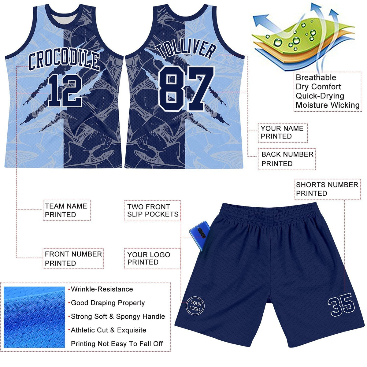 Custom Graffiti Pattern Navy Light Blue-White Scratch Round Neck Sublimation Basketball Set Jersey photo 3