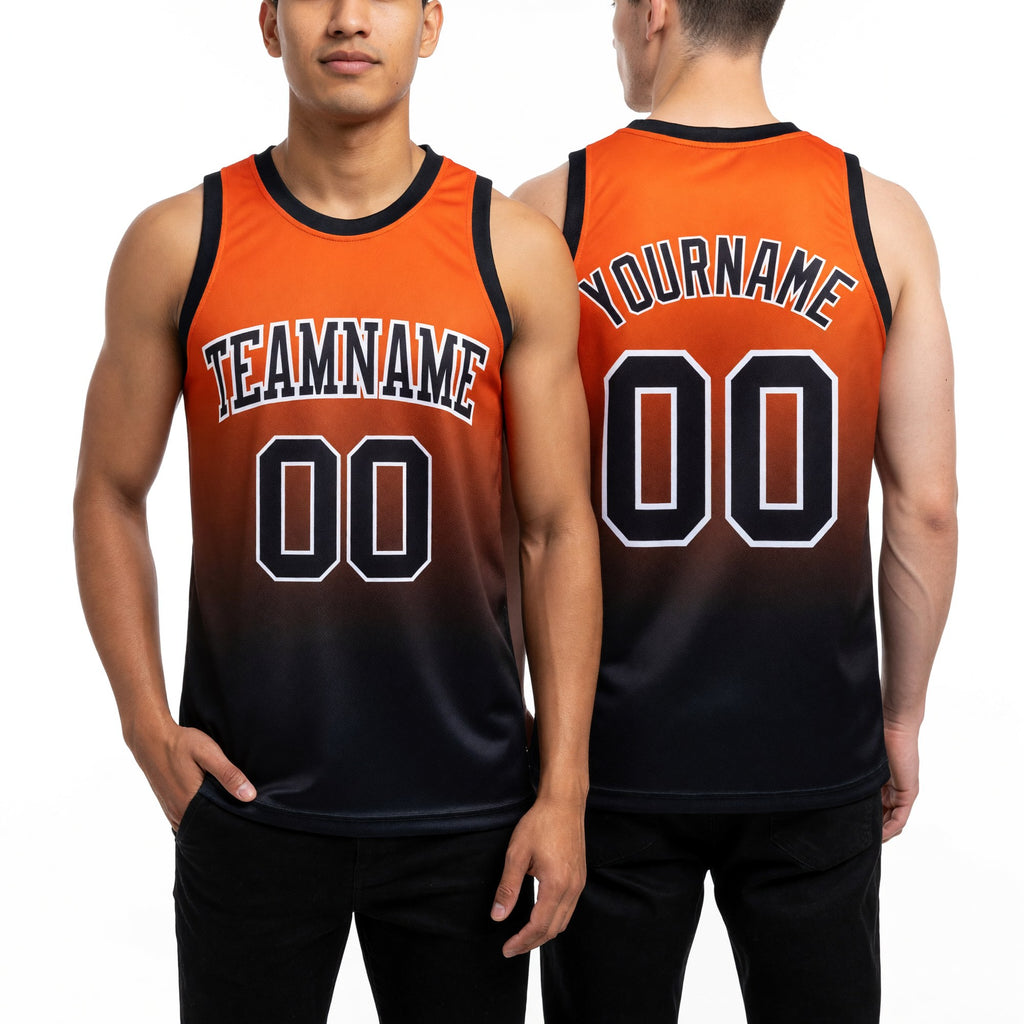 Custom Orange Black-White Gradient Square Shapes Round Neck Sublimation Basketball Set Jersey worn front and back
