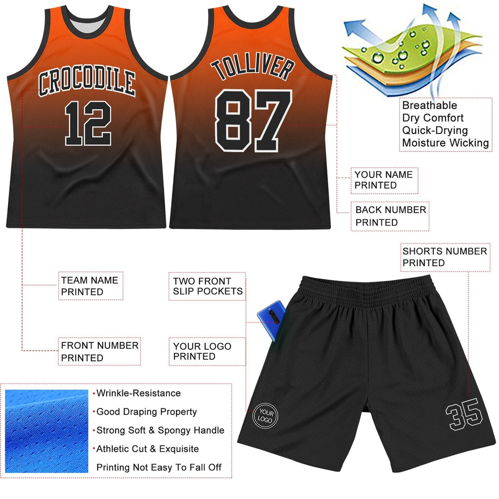 Custom Orange Black-White Gradient Square Shapes Round Neck Sublimation Basketball Set Jersey photo 3
