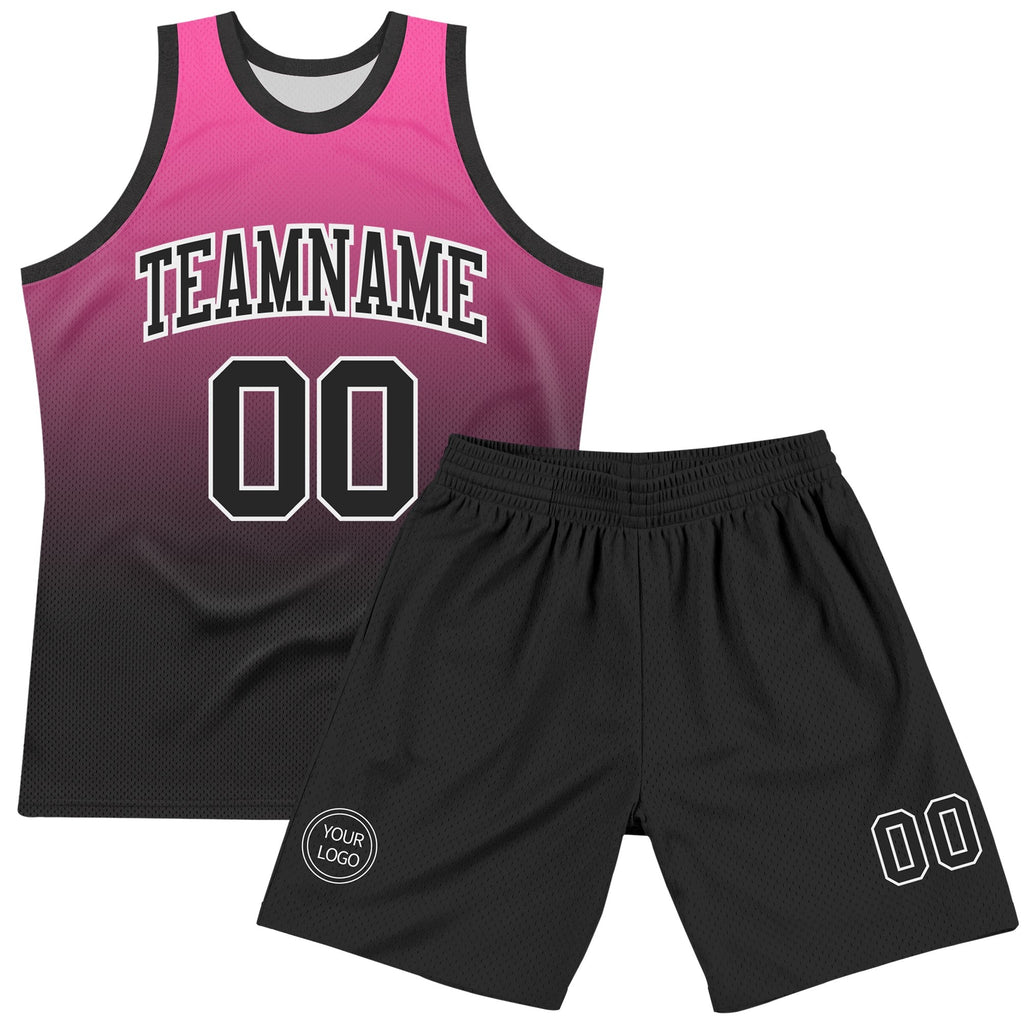 Custom Pink Black-White Fade Fashion Round Neck Sublimation Basketball Set Jersey photo 2