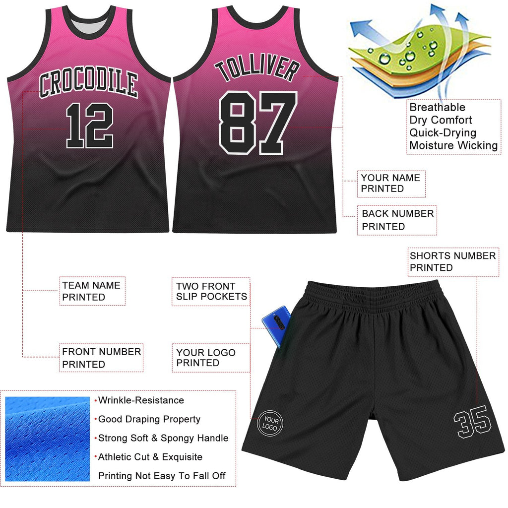 Custom Pink Black-White Fade Fashion Round Neck Sublimation Basketball Set Jersey photo 3