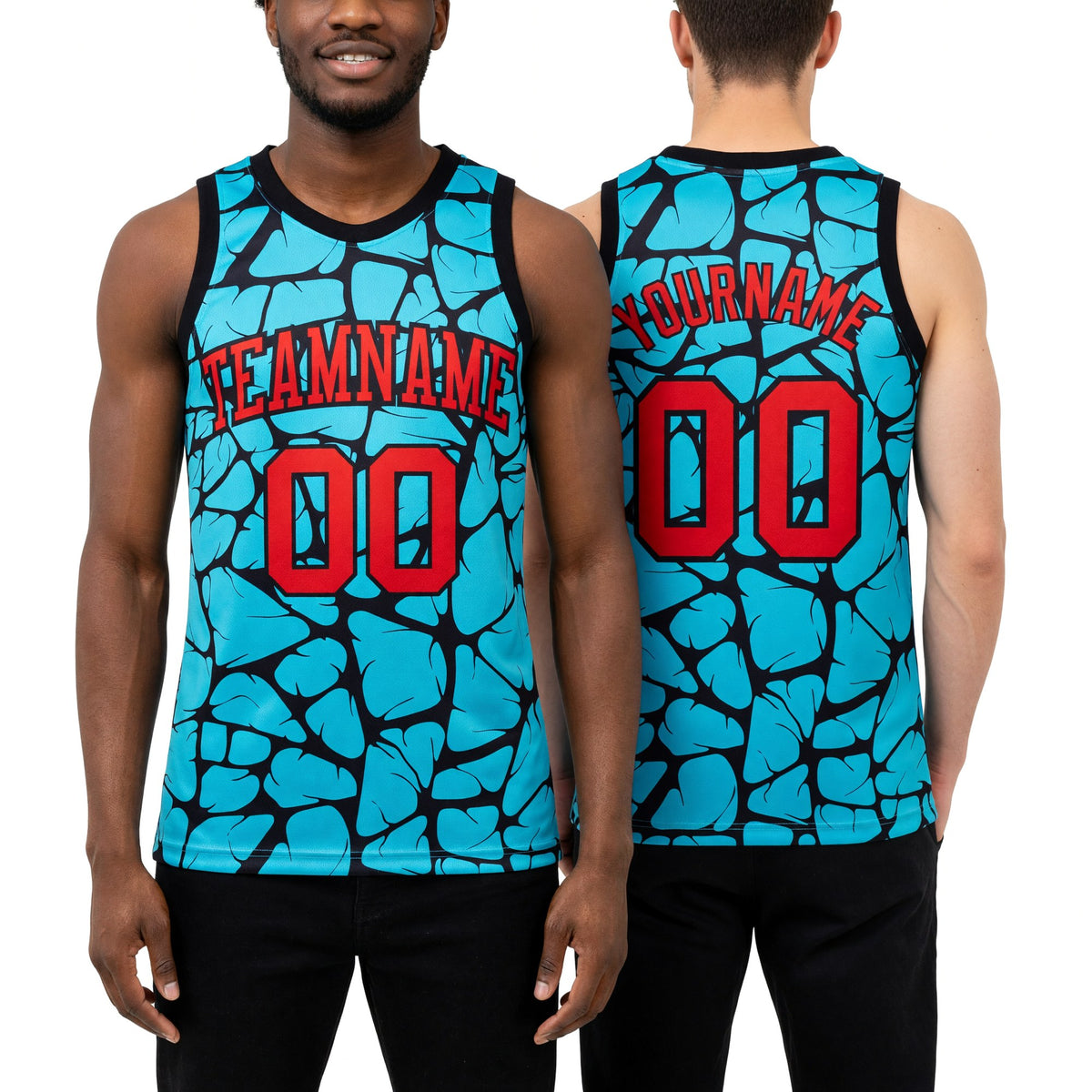 Custom Aqua Red-Black Abstract Network Round Neck Sublimation Basketball Set Jersey worn front and back