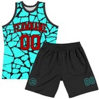 Custom Aqua Red-Black Abstract Network Round Neck Sublimation Basketball Set Jersey photo 2