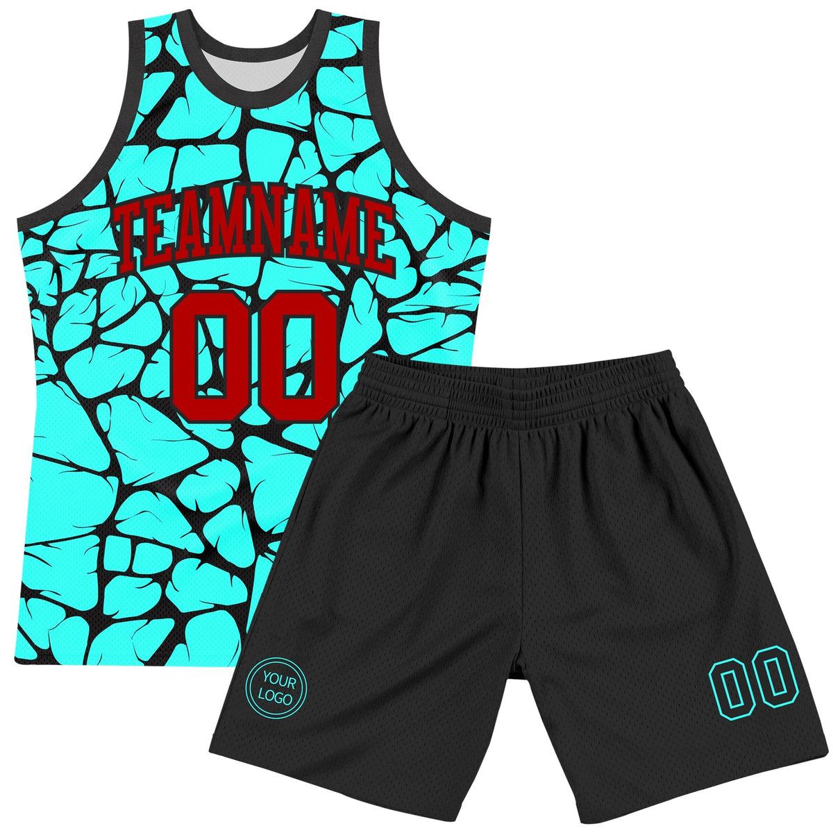 Custom Aqua Red-Black Abstract Network Round Neck Sublimation Basketball Set Jersey photo 2