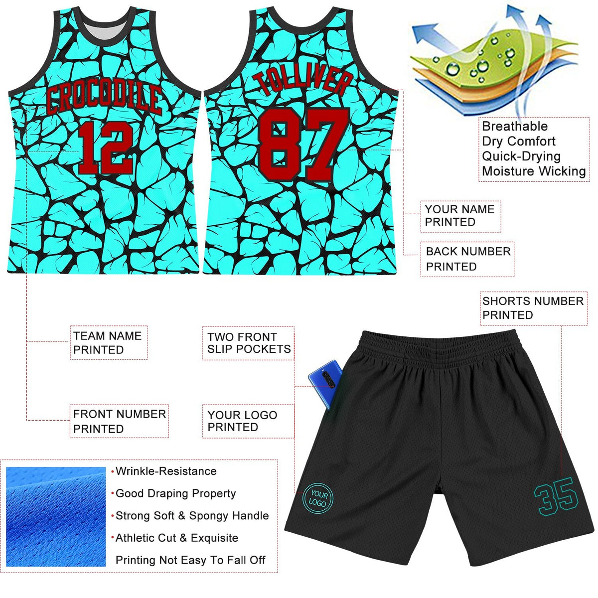 Custom Aqua Red-Black Abstract Network Round Neck Sublimation Basketball Set Jersey photo 3