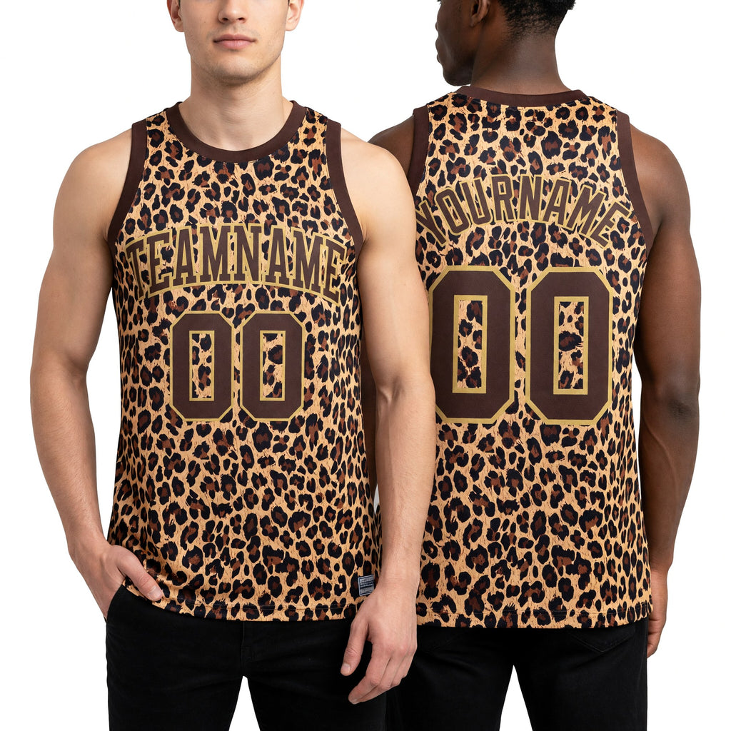 Custom Brown Old Gold Leopard Print Round Neck Sublimation Basketball Set Jersey worn front and back